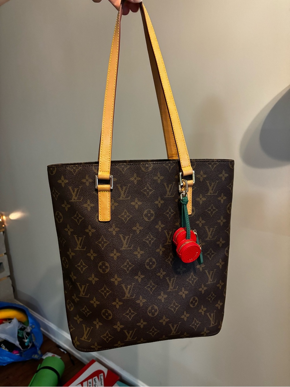 Louis Vuitton Monogram Vertical Tote with Yellow Straps and Red Charm